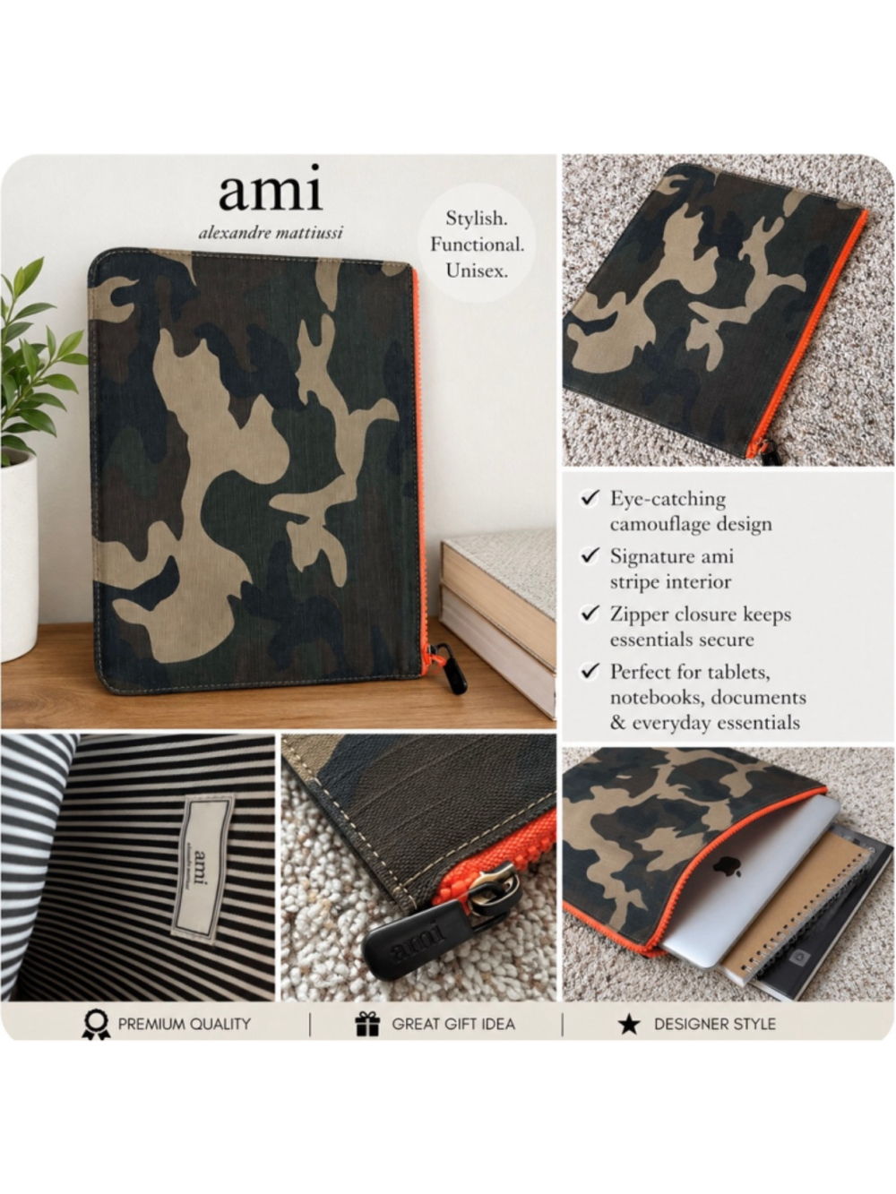 Ami Alexandre Mattiussi Camo Clutch/Tablet Case, Green & Orange New!